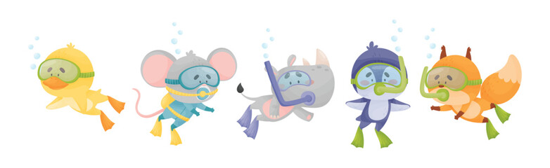 Cute Animal Swimming Underwater with Snorkeling Tube and Goggles Vector Set