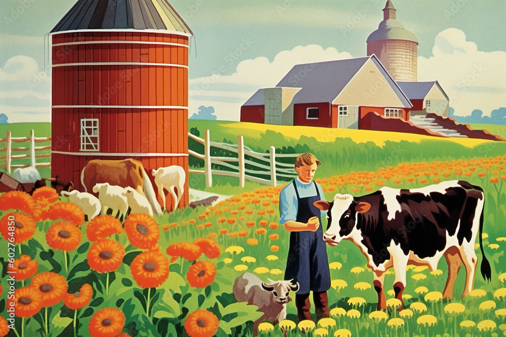 Aufkleber a painting of a man standing in a field with cows. generative ai.