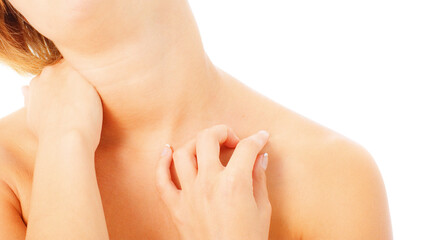 Fototapeta premium Woman massaing her shoulders and neck, from a complete series of photos.