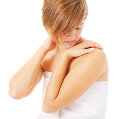 Obraz premium Woman massaging her neck and shoulders, from a complete series of photos.