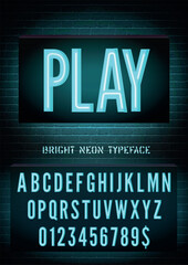 Narrow blue neon box font with numbers on dark brick wall background. Vector play night light box sign