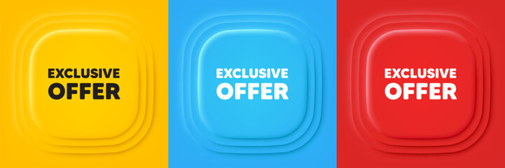 Exclusive offer tag. Neumorphic offer banners. Sale price sign. Advertising discounts symbol. Exclusive offer podium background. Product infographics. Vector