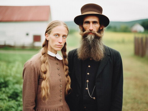 portrait of an amish couple in traditional american peasant-style clothing, man with long beard - generative ai