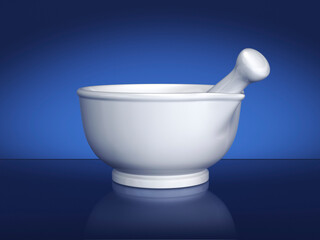 White ceramic mortar and pestle on blue background. Includes clipping path.