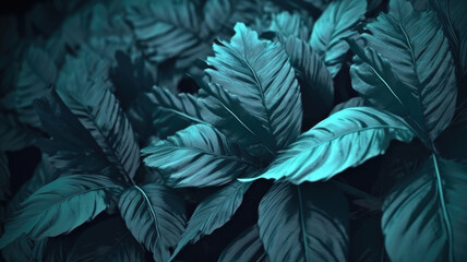 Fototapeta na wymiar Green leaves of tropical plants bush. Tropical foliage. Floral design background. Generative AI