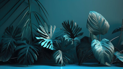 Fototapeta na wymiar Green leaves of tropical plants bush. Tropical foliage. Floral design background. Generative AI
