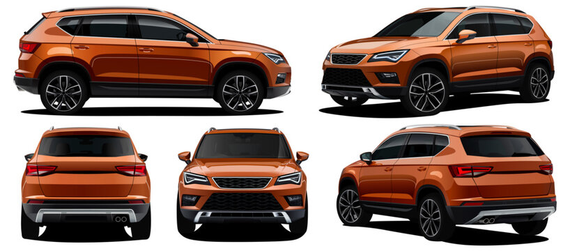 realistic vector Orange car Suv with gradients and perspective from front back side and isometric view