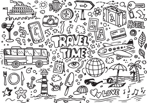 Hand drawn travel time doodles, vector illustration