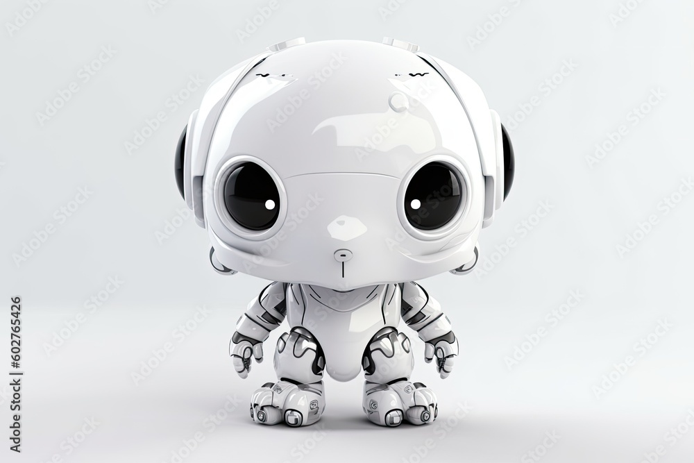 Poster white robot with big eyes standing on a blue background generative ai