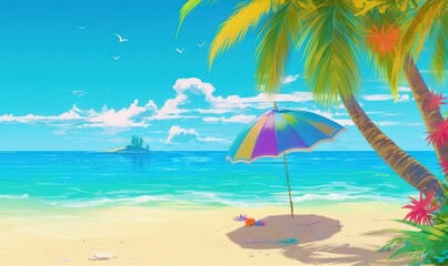 Fototapeta na wymiar a painting of a beach scene with a palm tree and an umbrella. generative ai