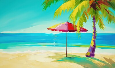 Fototapeta na wymiar a painting of an umbrella and a palm tree on a beach. generative ai