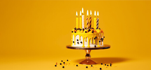 Birthday blueberry cake with candles and drip yellow frosting on a stand on a yellow background. Banner for Birthday party. Generative AI
