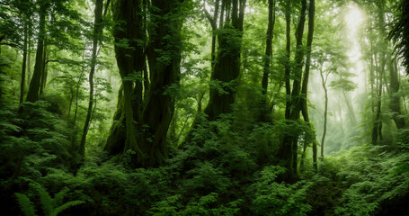 Obraz premium Deep woodland, where the vibrant greenery and peaceful ambiance invite you to explore the wonders of the natural environment. Generative AI