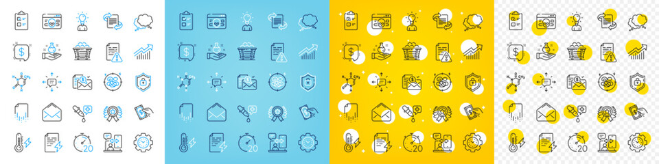 Vector icons set of Marketing, Chemical formula and Mail line icons pack for web with Education, Pay money, Sms outline icon. Stress, Chemistry lab, Instruction manual pictogram. Vector