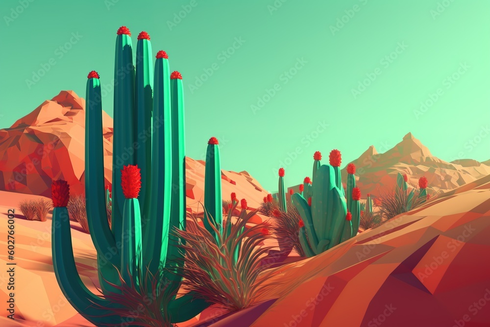 Poster a digital artwork depicting a cactus in the middle of the desert generative ai