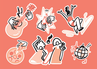 Vector set of stickers on the theme of party, fun, vacation, vacation. Guitar, disco ball, pizza, people jump into the pool. Vector flat doodle sketch cartoon style.