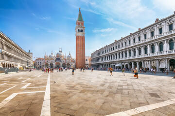 Spectacular cityscape of Venice with San Marco square with Campanile and Saint Mark's Basilica. - obrazy, fototapety, plakaty