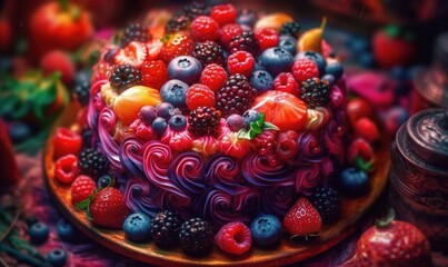  a colorful cake with berries, raspberries, and blueberries on it.  generative ai