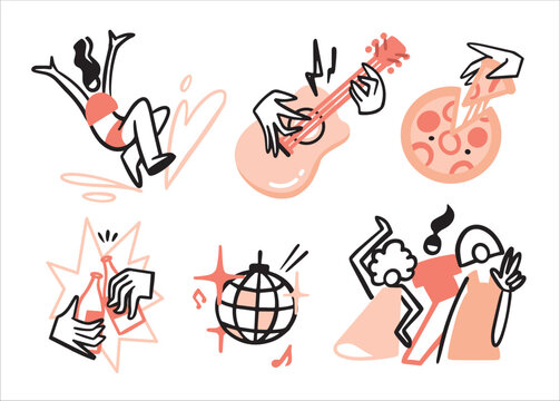 Set of pictures or icons. Party, vacation. The girl jumps into the pool, playing the guitar, pizza, beer, disco, friends. Vector doodle sketch cartoon style.