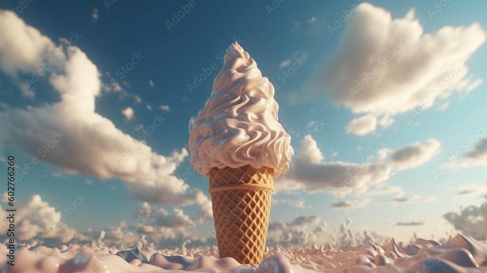 Aufkleber a vanilla ice cream cone topped with white frosting on a bright and beautiful day generative ai