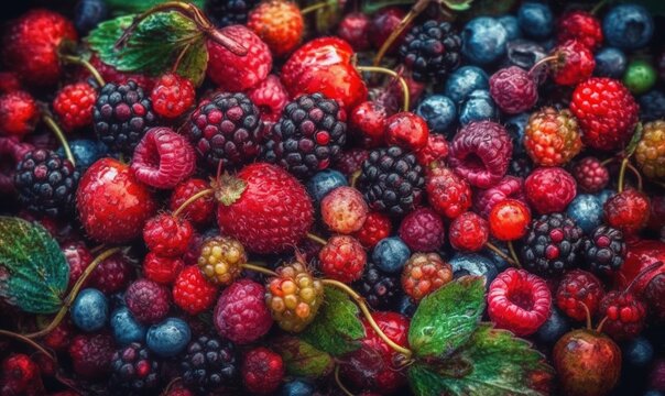  a close up of berries and raspberries with leaves.  generative ai
