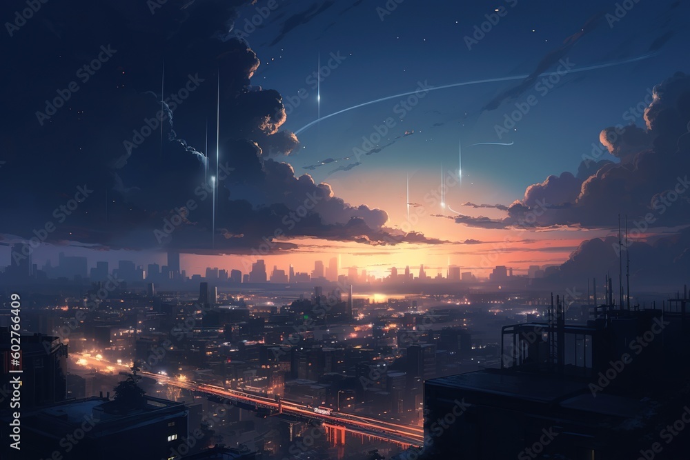 Poster a metropolis seen at night with a large number of lights scattered throughout the sky generative ai