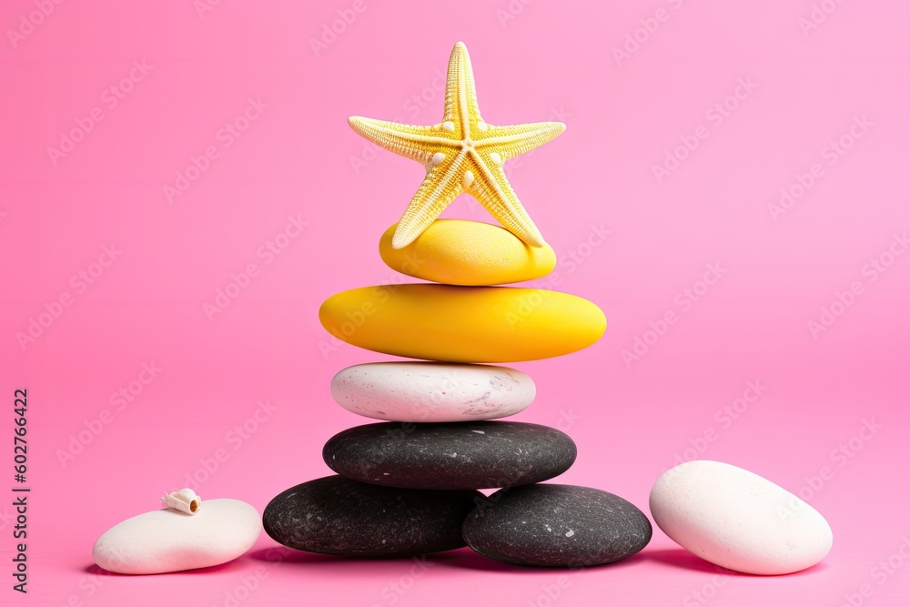 Poster balanced rock tower with a starfish resting on the top generative ai