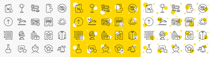 Outline Arrivals plane, Not looking and Web timer line icons pack for web with Swipe up, Square area, Alarm sound line icon. Grill, Baggage, Shirt pictogram icon. Loyalty points, English. Vector