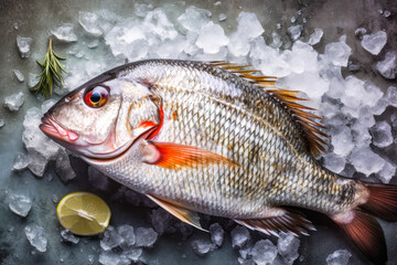 top down view of raw sea bream fish dorado on ice with rosemary and lemon. Healthy food. generative AI