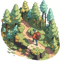 Isometric Hiking Illustration, in cartoon style