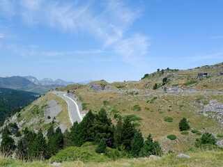 Aerial view from Col de la Pierre St Martin mountains pass, French Pyrenees, France. Layered...
