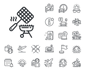 Barbecue cooker sign. Plane jet, travel map and baggage claim outline icons. Grill basket line icon. Meat brazier utensils symbol. Grill basket line sign. Car rental, taxi transport icon. Vector