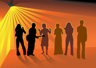 Fototapeta premium Silhouettes of Musician with guitar and his friends dancing in nightclub (vector)
