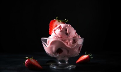  a bowl of ice cream with strawberries on a table.  generative ai