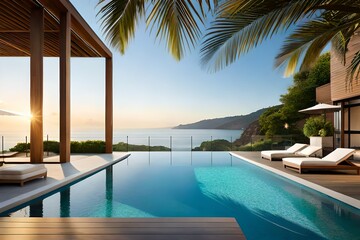 Fototapeta na wymiar A stunning outdoor terrace with a pool, comfortable loungers, and a panoramic view of lush gardens or a serene ocean.