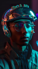 A man wearing a helmet and glasses holding a cell phone. Generative AI.