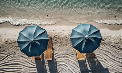  two chairs and two umbrellas on a beach near the ocean.  generative ai