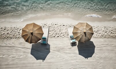  two beach chairs and two umbrellas on a sandy beach.  generative ai