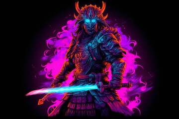 Fototapeta premium cyberpunk samurai with neon color. generative ai.