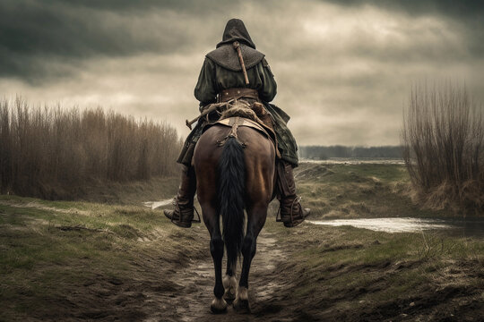 medieval warrior fighter using iron armor riding on a horse. illustration photography. generative ai.
