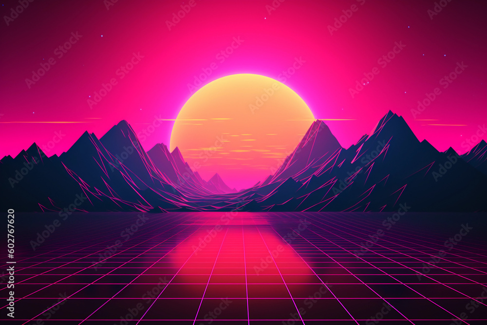 Poster neon retrowave or synthwave background with grid and sun. generative ai