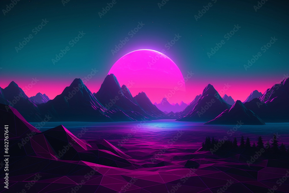 Poster neon retrowave or synthwave background with grid and sun.