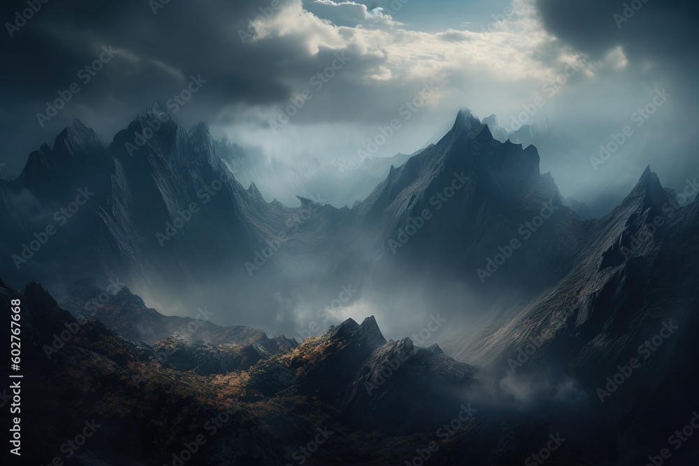 Poster a picture of a mountain range with a foggy sky as its backdrop generative ai