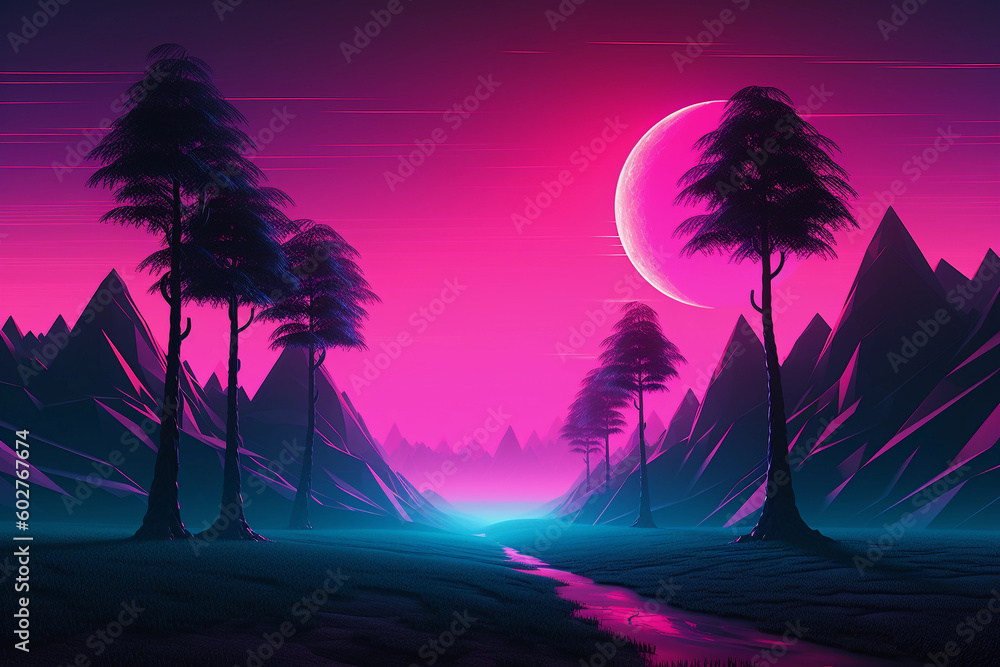 Poster neon retrowave or synthwave background with grid and sun.