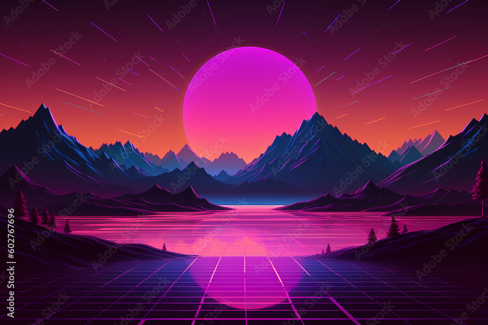 Poster neon retrowave or synthwave background with grid and sun. generative ai