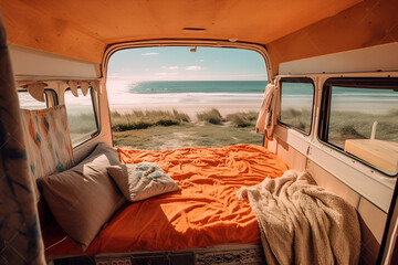Summer day in a converted van on the beach, that's life in a van. view of a beautiful sunset from the orange-red camper Home is where you park. vacation and travel concept Generative AI - obrazy, fototapety, plakaty