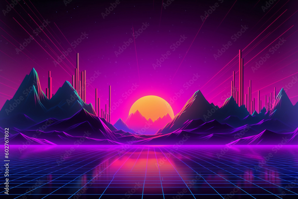 Poster neon retrowave or synthwave background with grid and sun. generative ai