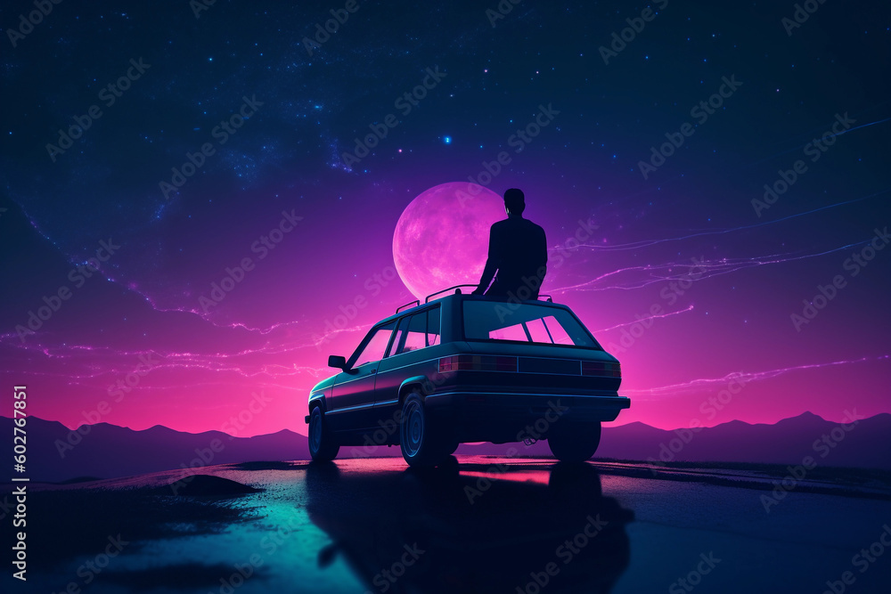 Poster neon retrowave or synthwave background with grid and sun and a man sitting on top of a car lookin to