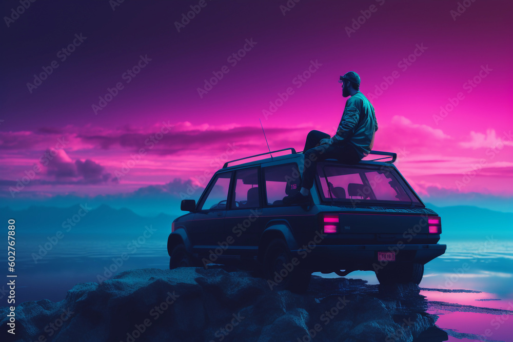 Poster neon retrowave or synthwave background with grid and sun and a man sitting on top of a car lookin to