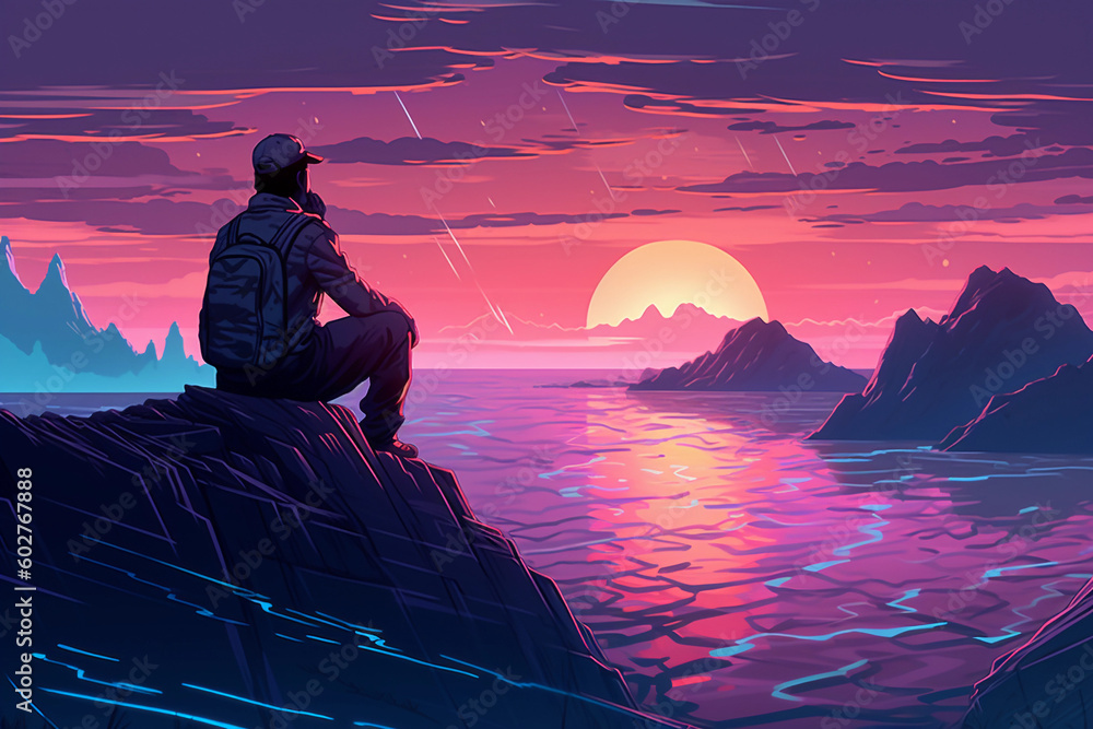 Poster neon retrowave or synthwave background with a man sitting on top of mountain lookin to the horizon. 